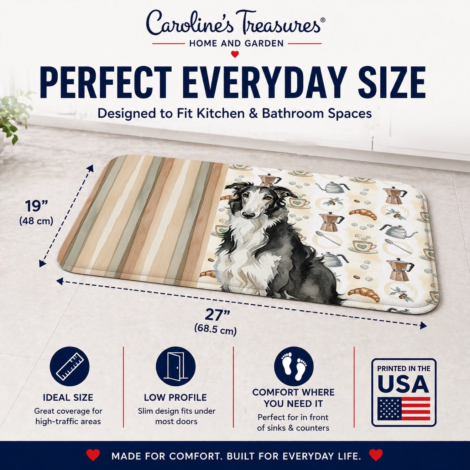 Black and White Borzoi Coffee Bar Memory Foam Kitchen Mat Machine Washable Anti-Fatigue Cushion Comfort Bath or Kitchen Rug