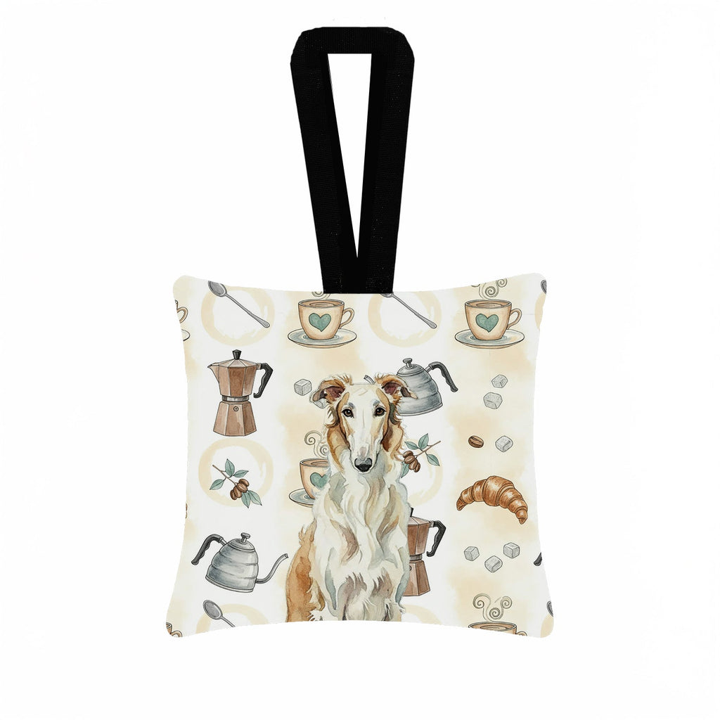 Borzoi Coffee Bar Hanging Square Fabric Ornament 3.5 � 3.5 Decorative Door-Knob & Tree Hanger, Soft Fabric