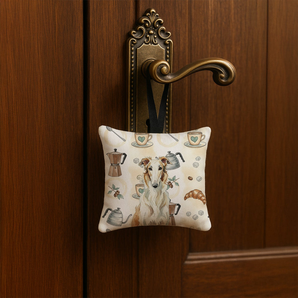 Borzoi Coffee Bar Hanging Square Fabric Ornament 3.5 � 3.5 Decorative Door-Knob & Tree Hanger, Soft Fabric