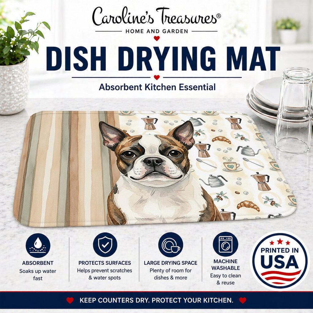 Brindle Boston Terrier Coffee Bar Dish Drying Mat Absorbent Dish Drying Mat Pad for Kitchen Counter Dish Drainer Mat for Countertop, 14 x 21", Multicolor
