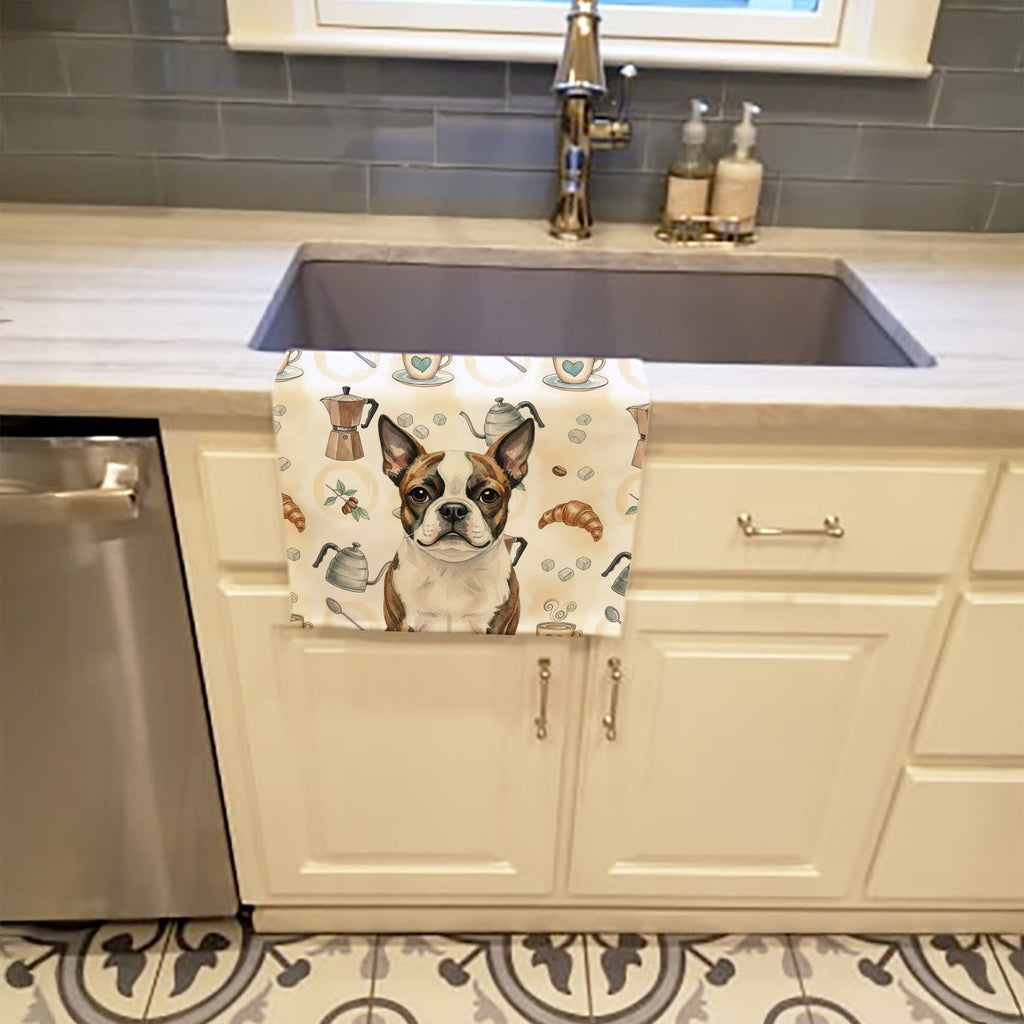 Brindle Boston Terrier Coffee Bar Kitchen Towel Velour Plush Front and Cotton Loop Back Machine Washable