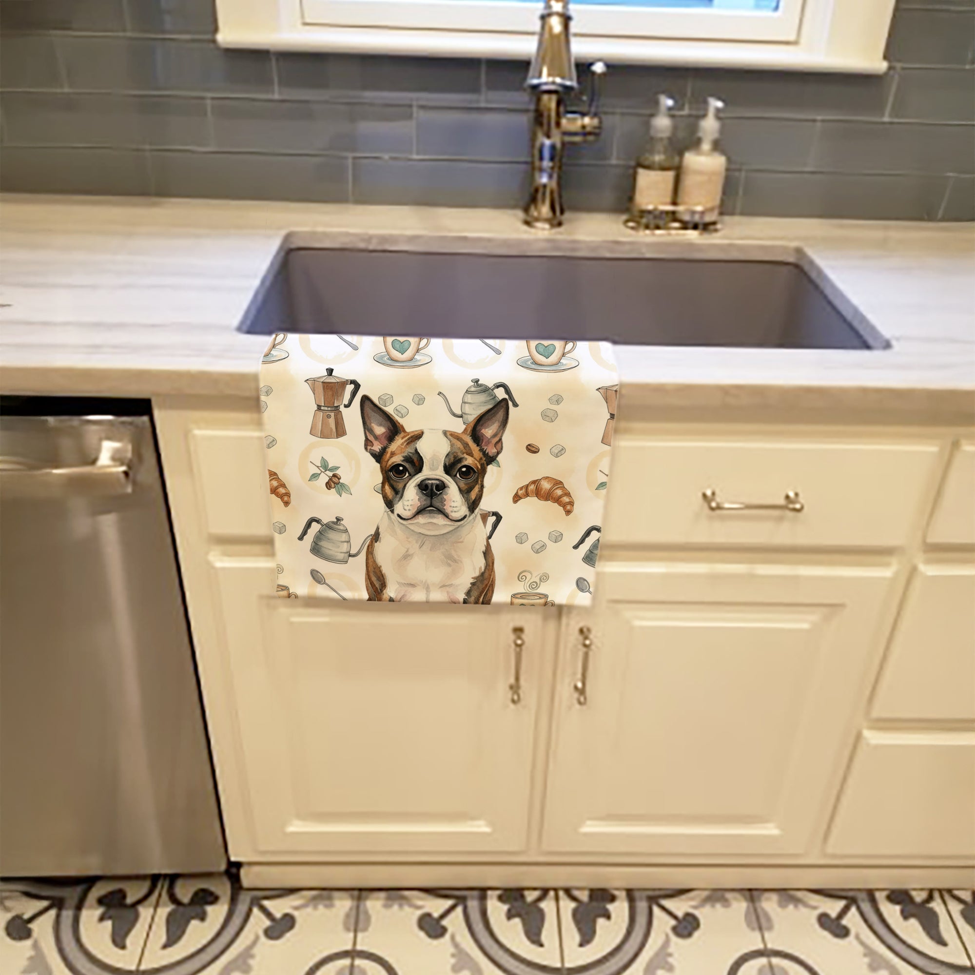 Brindle Boston Terrier Coffee Bar Kitchen Towel Velour Plush Front and Cotton Loop Back Machine Washable