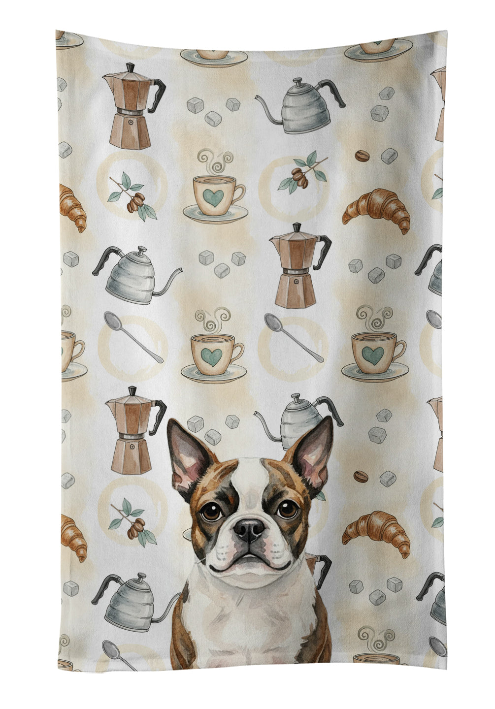 Brindle Boston Terrier Coffee Bar Kitchen Towel Velour Plush Front and Cotton Loop Back Machine Washable