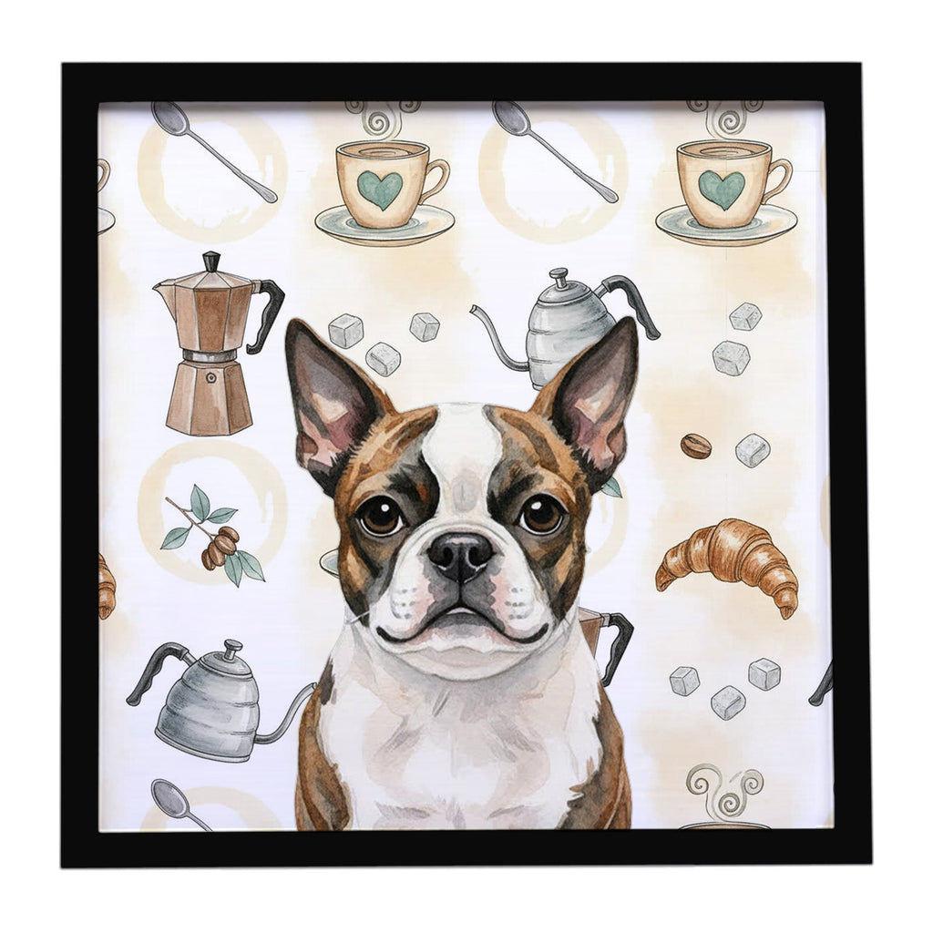 Brindle Boston Terrier Coffee Bar Framed Metal Print Bathroom, Kitchen, Office, Home Decor Wall Art Ready to Hang, Square, 8X8