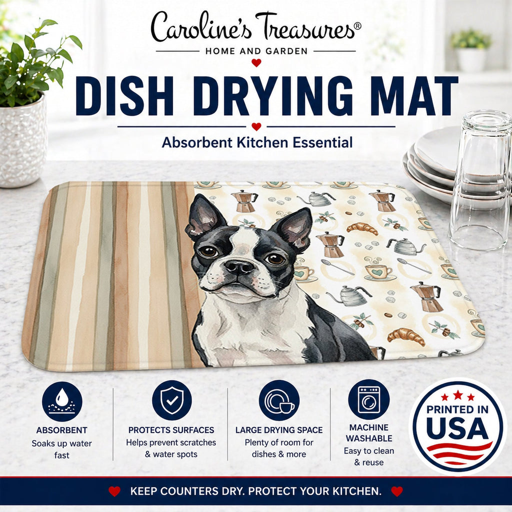 Boston Terrier Coffee Bar Dish Drying Mat Absorbent Dish Drying Mat Pad for Kitchen Counter Dish Drainer Mat for Countertop, 14 x 21", Multicolor