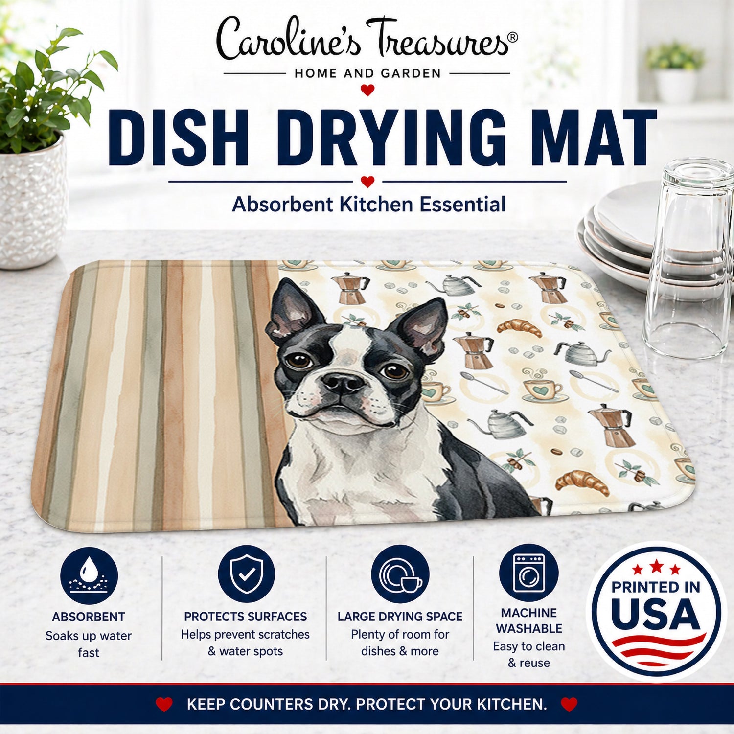 Boston Terrier Coffee Bar Dish Drying Mat Absorbent Dish Drying Mat Pad for Kitchen Counter Dish Drainer Mat for Countertop, 14 x 21", Multicolor