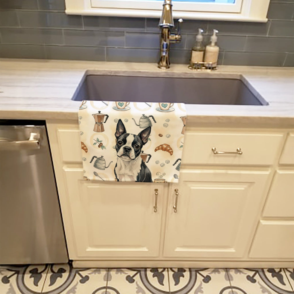 Boston Terrier Coffee Bar Kitchen Towel Velour Plush Front and Cotton Loop Back Machine Washable