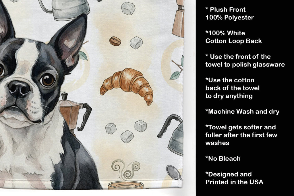 Boston Terrier Coffee Bar Kitchen Towel Velour Plush Front and Cotton Loop Back Machine Washable