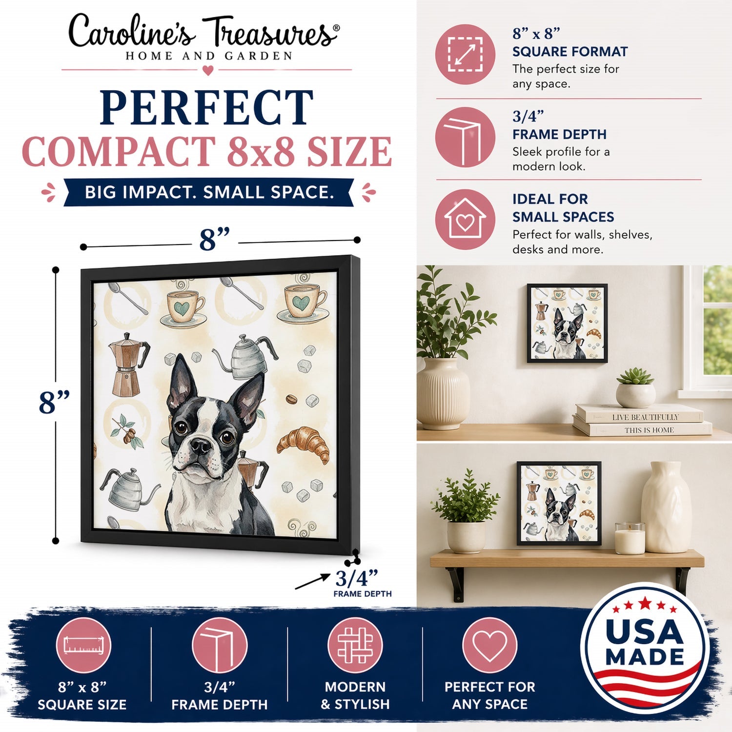 Boston Terrier Coffee Bar Framed Metal Print Bathroom, Kitchen, Office, Home Decor Wall Art Ready to Hang, Square, 8X8