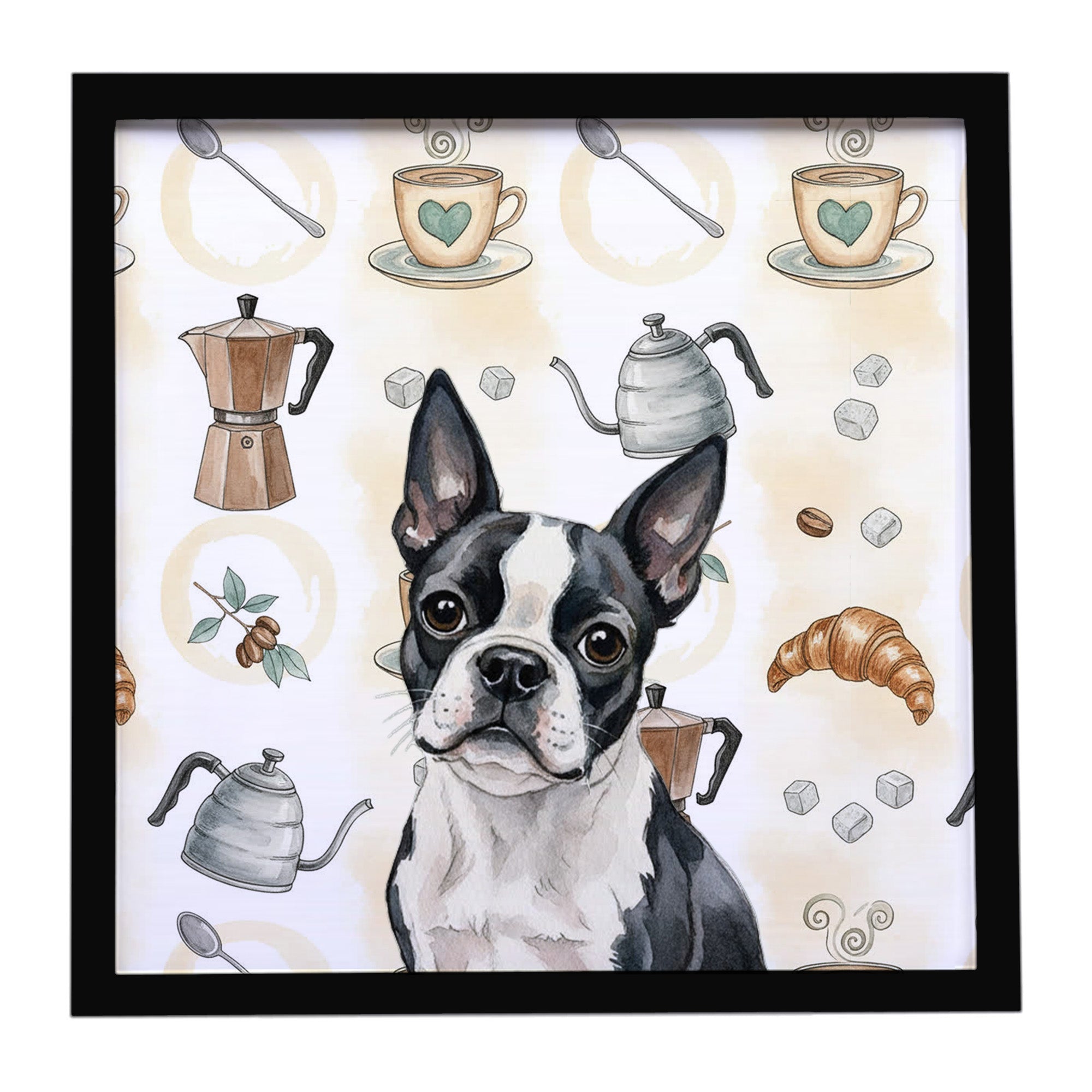 Boston Terrier Coffee Bar Framed Metal Print Bathroom, Kitchen, Office, Home Decor Wall Art Ready to Hang, Square, 8X8