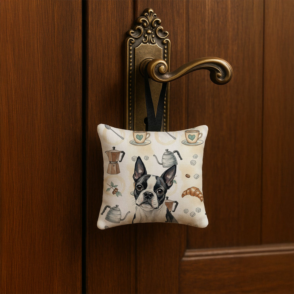 Boston Terrier Coffee Bar Hanging Square Fabric Ornament 3.5 � 3.5 Decorative Door-Knob & Tree Hanger, Soft Fabric