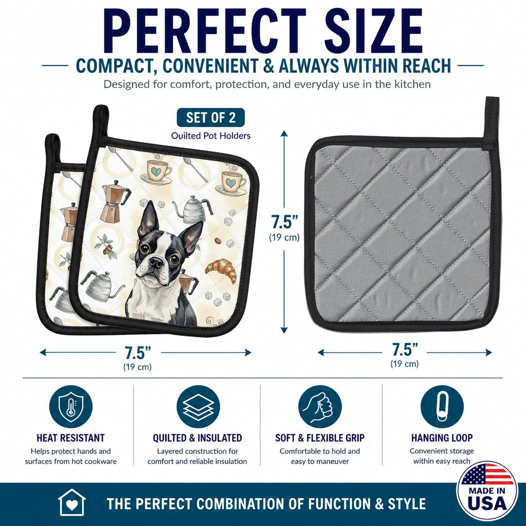 Boston Terrier Coffee Bar Pot Holder Set of 2 Heat Resistant Quilted Hot Pads 7.5 x 7.5 Inch, Insulated Kitchen Trivets for Cooking & Baking