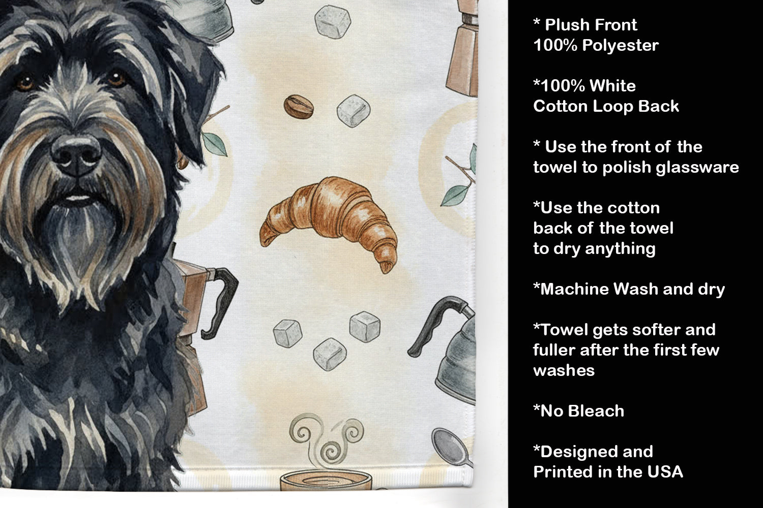 Bouvier des Flandres Coffee Bar Kitchen Towel Velour Plush Front and Cotton Loop Back Machine Washable