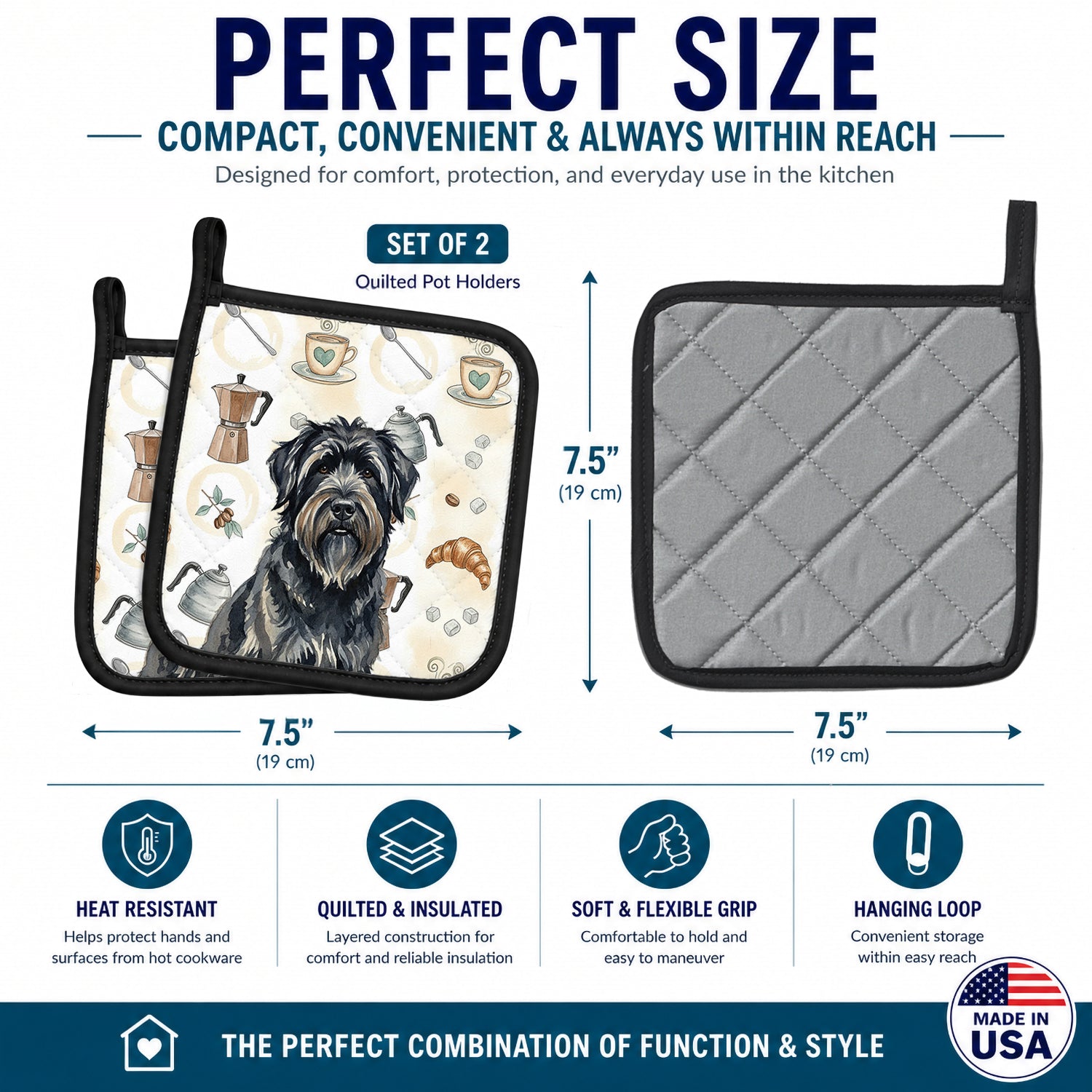 Bouvier des Flandres Coffee Bar Pot Holder Set of 2 Heat Resistant Quilted Hot Pads 7.5 x 7.5 Inch, Insulated Kitchen Trivets for Cooking & Baking