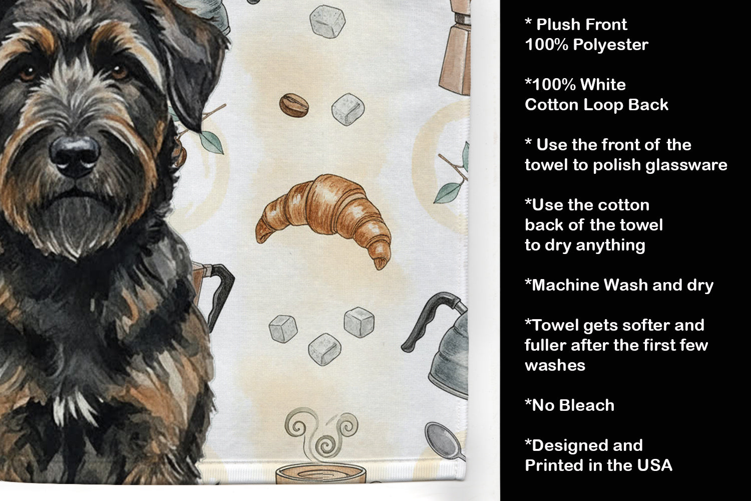 Brindle Bouvier des Flandres Coffee Bar Kitchen Towel Velour Plush Front and Cotton Loop Back Machine Washable