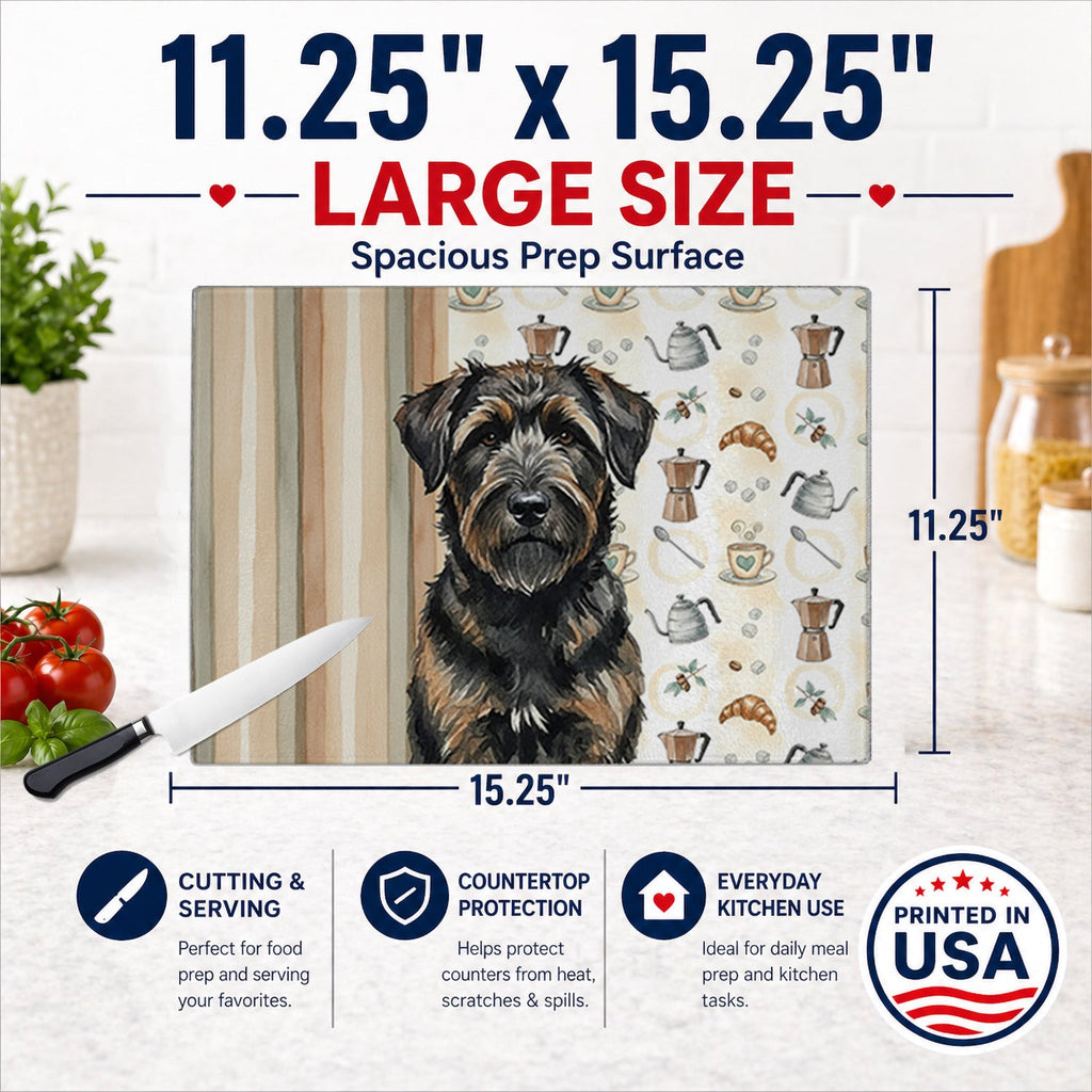 Brindle Bouvier des Flandres Coffee Bar Cutting Board Tempered Glass Kitchen Cutting Surface, Heat Resistant Chopping, Non-Slip Feet, Food Prep & Serving
