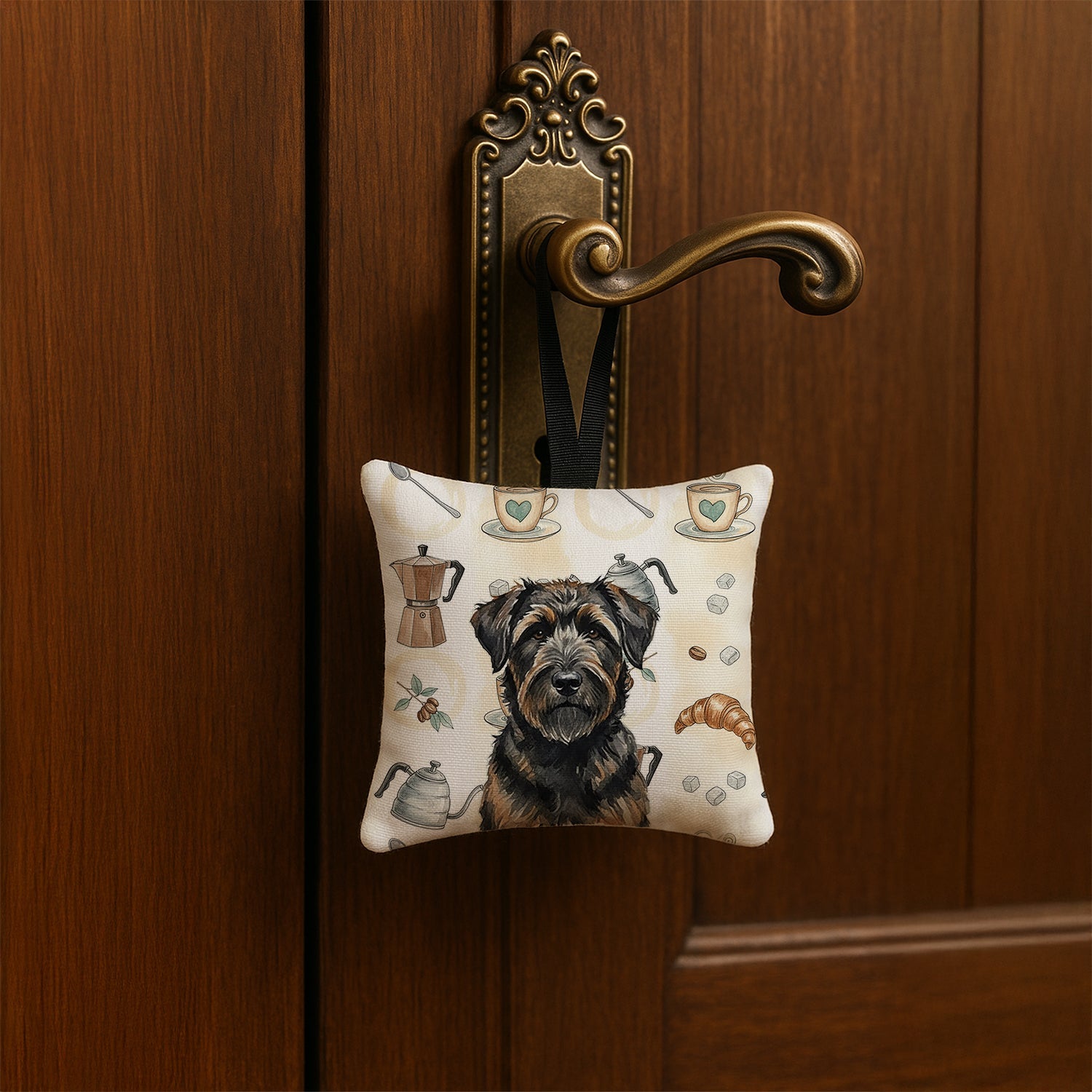 Brindle Bouvier des Flandres Coffee Bar Hanging Square Fabric Ornament 3.5 � 3.5 Decorative Door-Knob & Tree Hanger, Soft Fabric