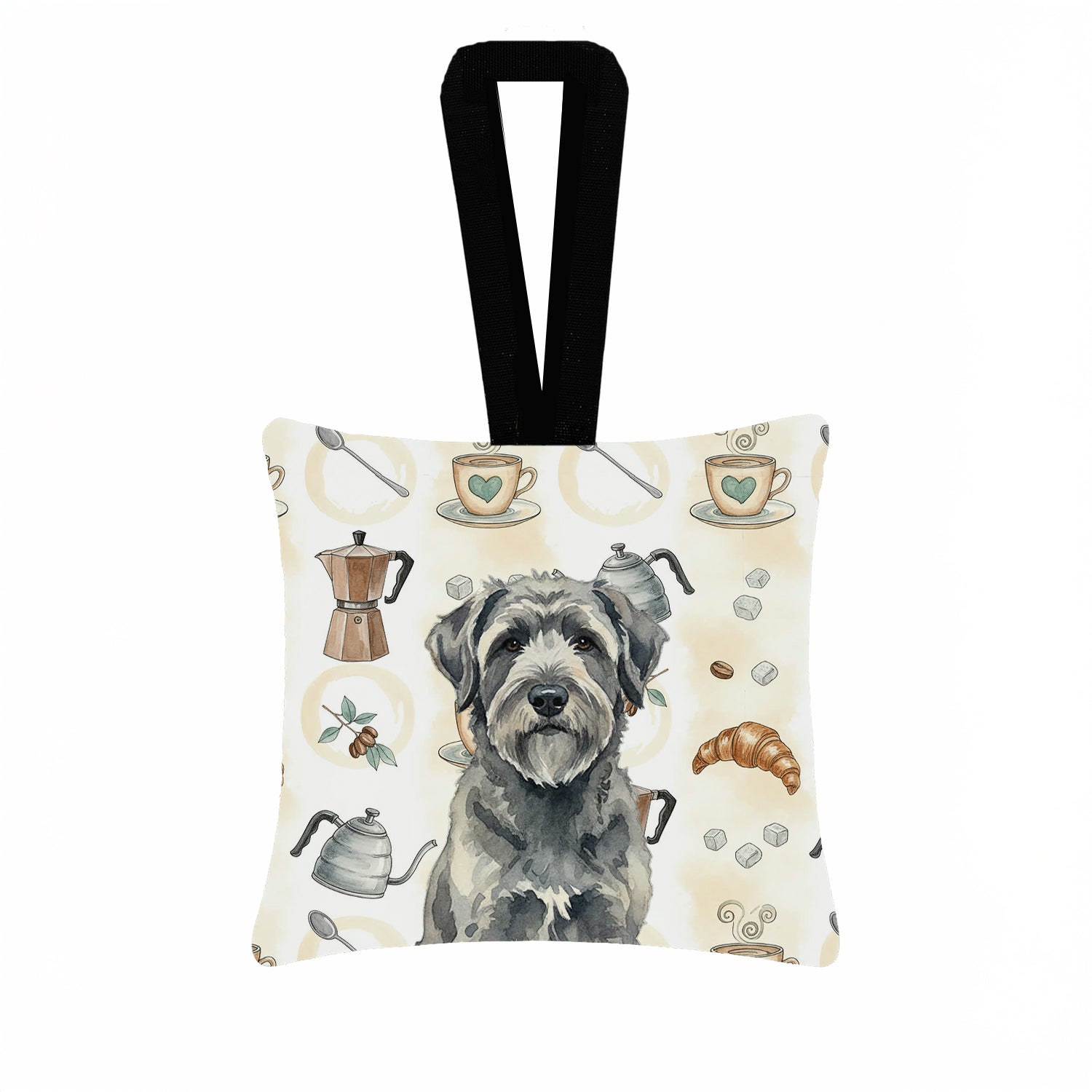 Gray Bouvier des Flandres Coffee Bar Hanging Square Fabric Ornament 3.5 � 3.5 Decorative Door-Knob & Tree Hanger, Soft Fabric