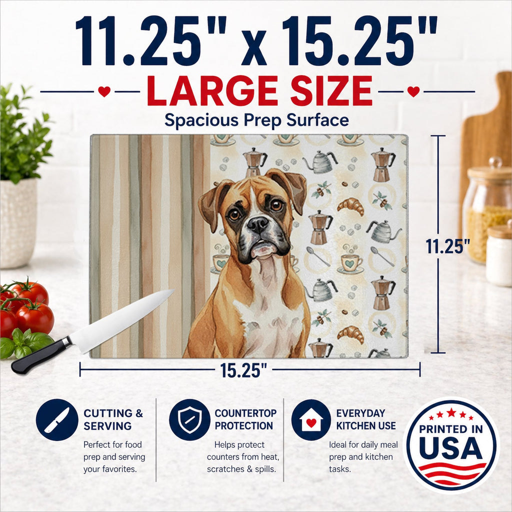 Boxer Coffee Bar Cutting Board Tempered Glass Kitchen Cutting Surface, Heat Resistant Chopping, Non-Slip Feet, Food Prep & Serving