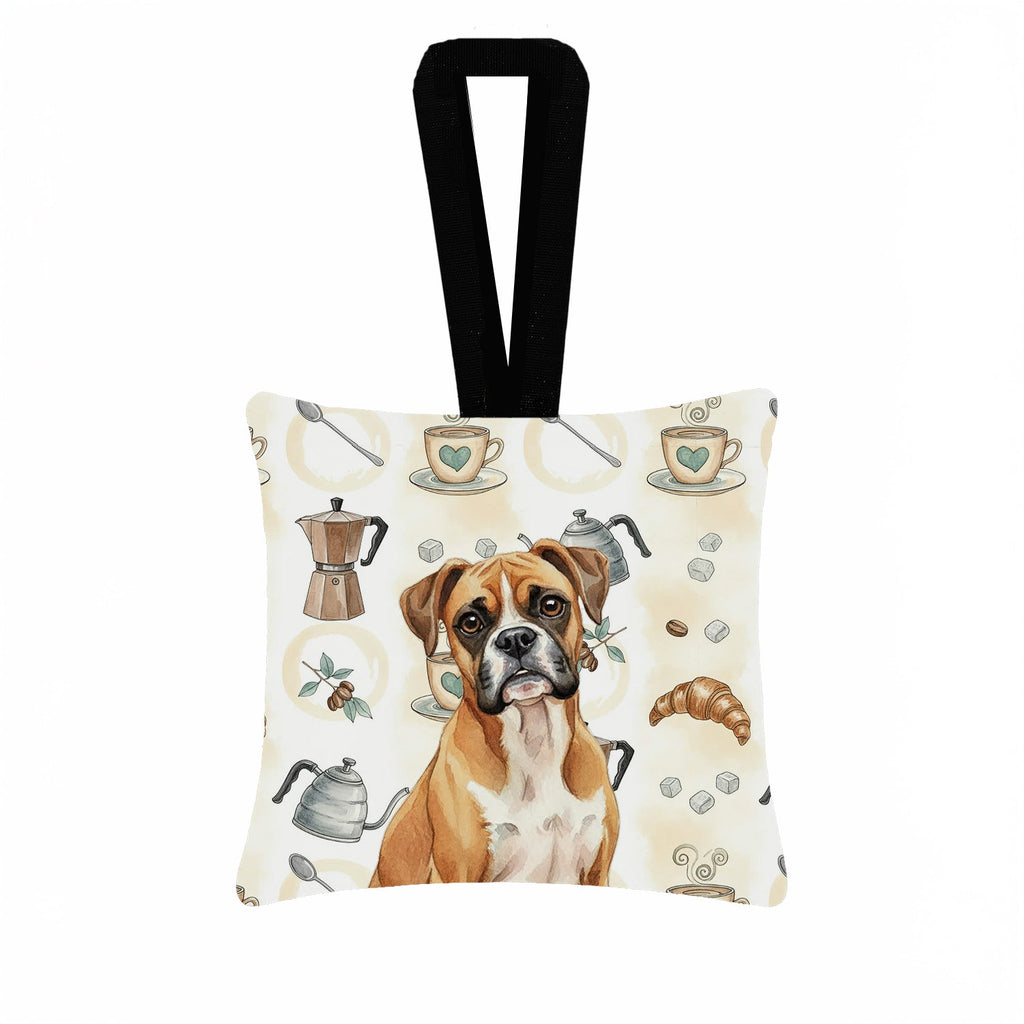 Boxer Coffee Bar Hanging Square Fabric Ornament 3.5 � 3.5 Decorative Door-Knob & Tree Hanger, Soft Fabric