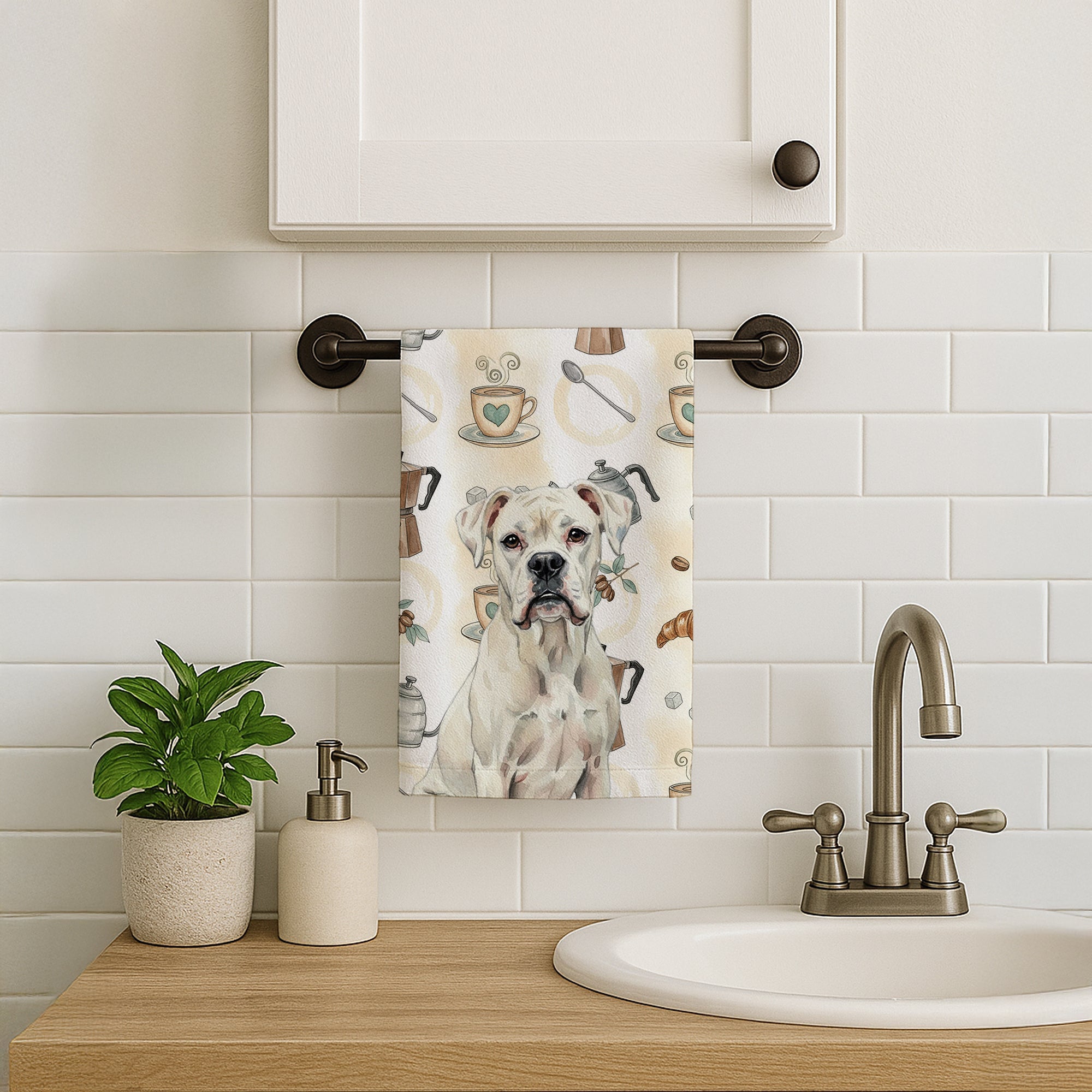 White Boxer Coffee Bar Kitchen Towel Velour Plush Front and Cotton Loop Back Machine Washable