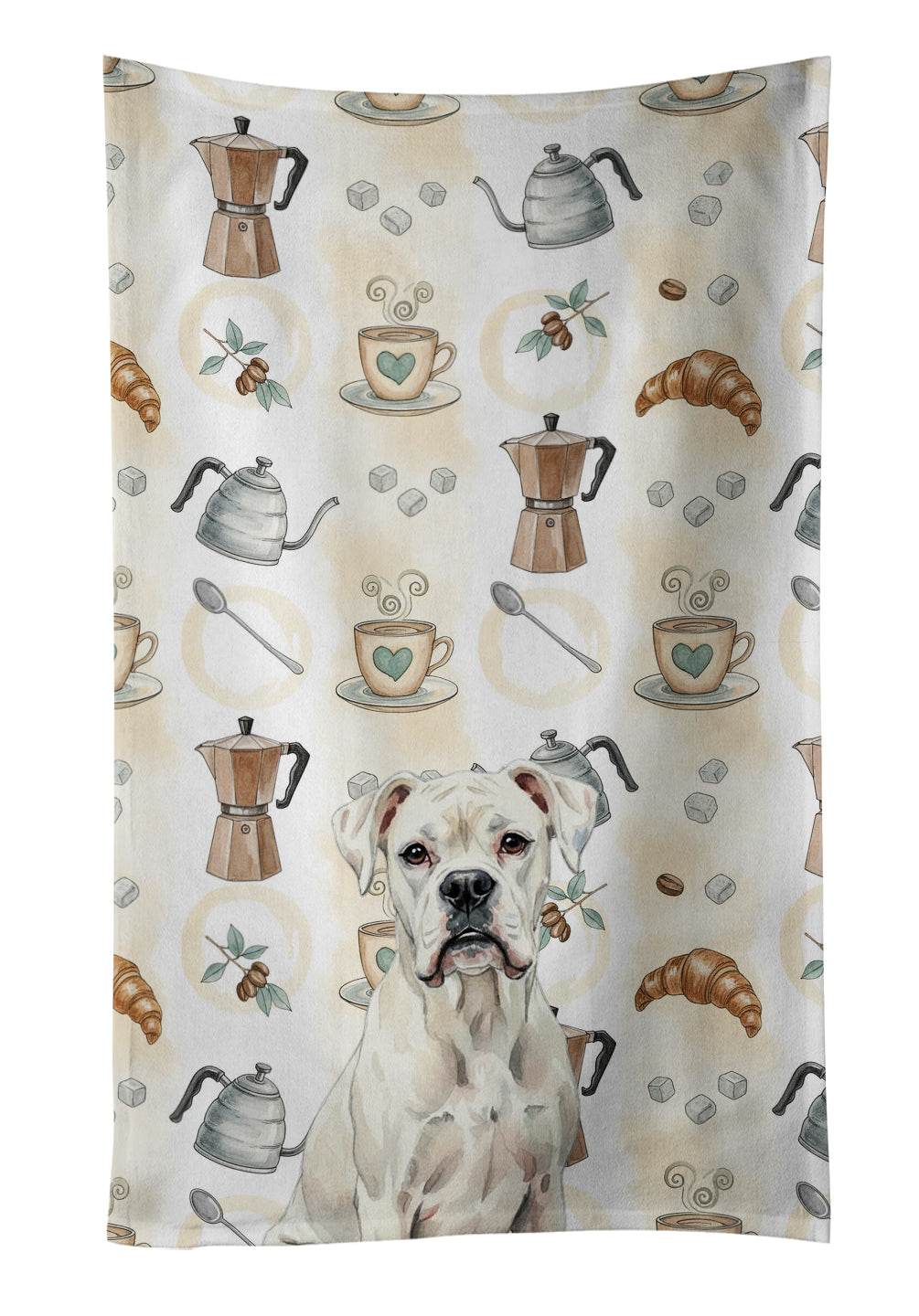 White Boxer Coffee Bar Kitchen Towel Velour Plush Front and Cotton Loop Back Machine Washable
