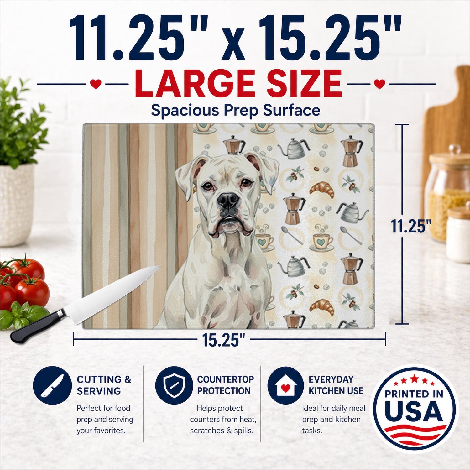 White Boxer Coffee Bar Cutting Board Tempered Glass Kitchen Cutting Surface, Heat Resistant Chopping, Non-Slip Feet, Food Prep & Serving