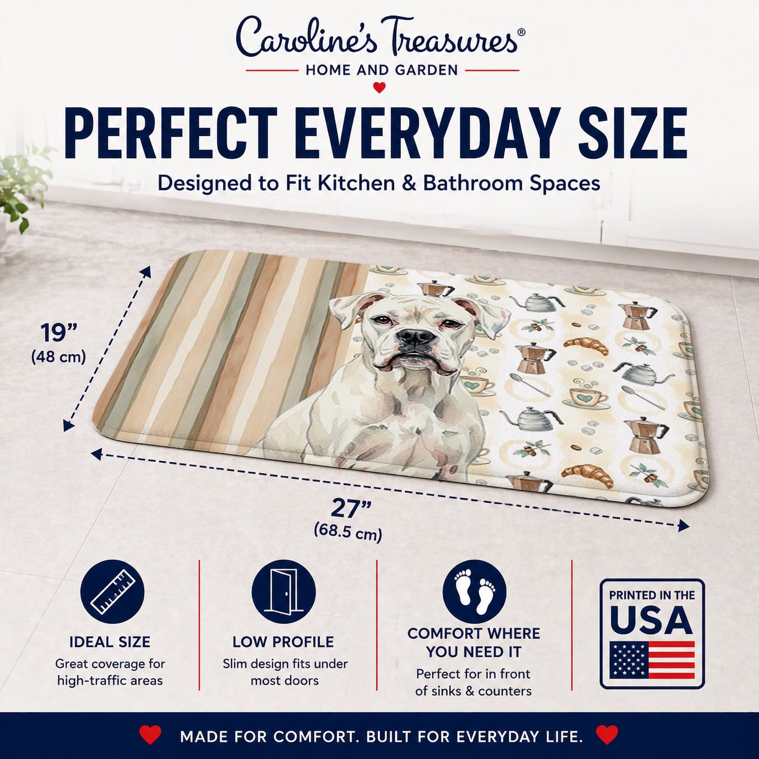 White Boxer Coffee Bar Memory Foam Kitchen Mat Machine Washable Anti-Fatigue Cushion Comfort Bath or Kitchen Rug