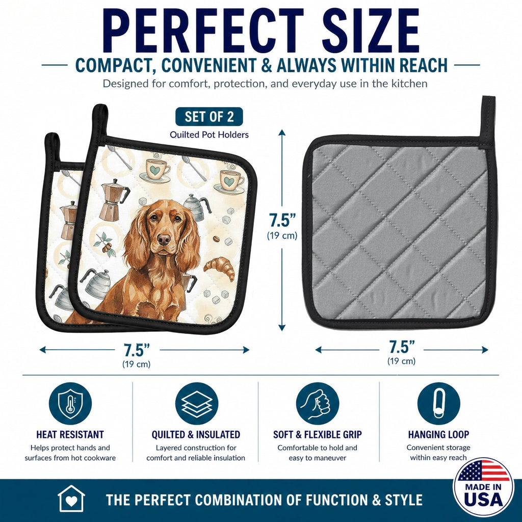 Boykin Spaniel Coffee Bar Pot Holder Set of 2 Heat Resistant Quilted Hot Pads 7.5 x 7.5 Inch, Insulated Kitchen Trivets for Cooking & Baking