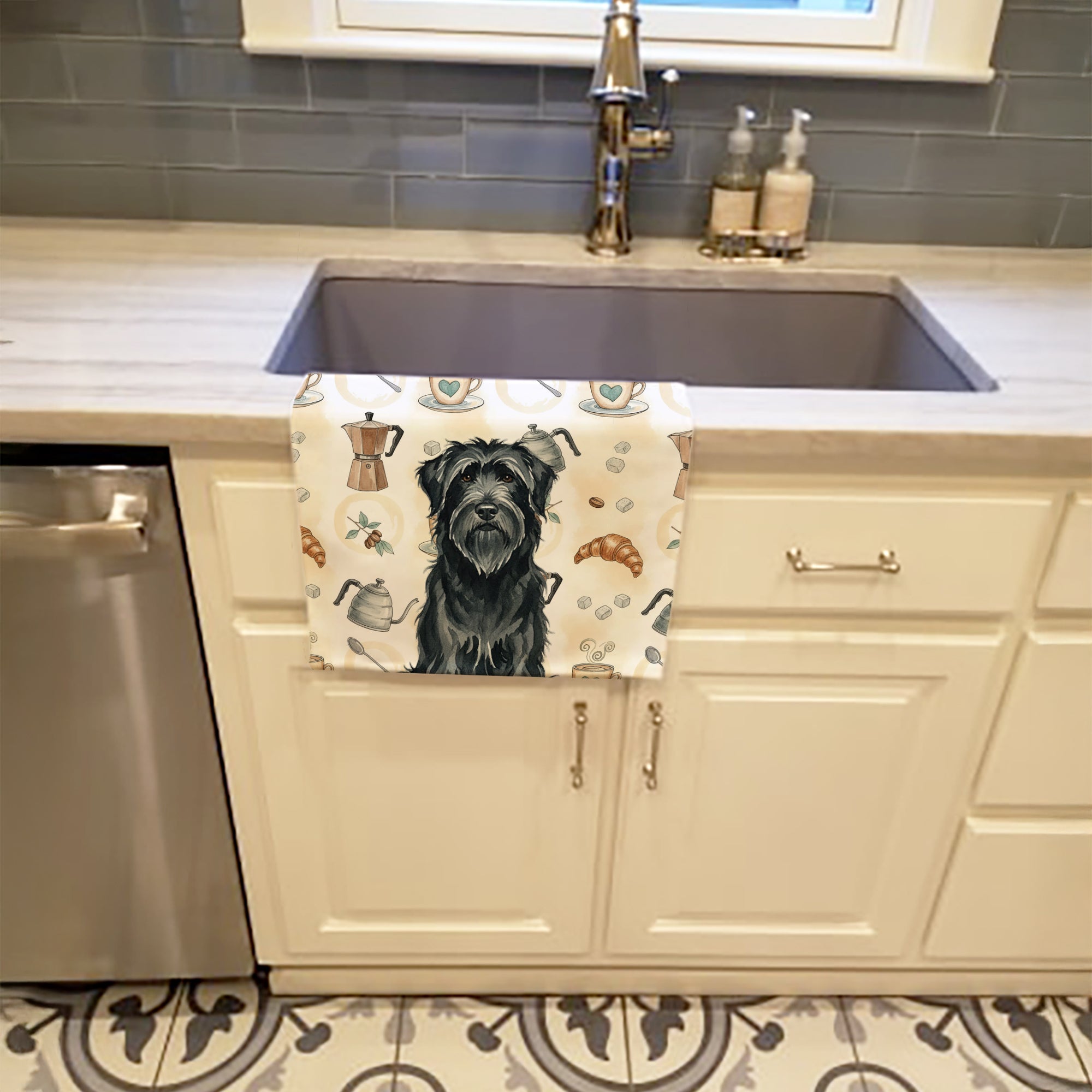 Black Briard Coffee Bar Kitchen Towel Velour Plush Front and Cotton Loop Back Machine Washable