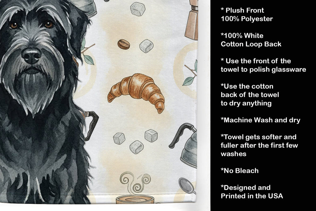 Black Briard Coffee Bar Kitchen Towel Velour Plush Front and Cotton Loop Back Machine Washable