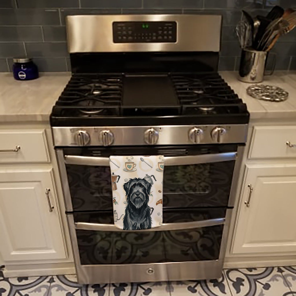 Black Briard Coffee Bar Kitchen Towel Velour Plush Front and Cotton Loop Back Machine Washable