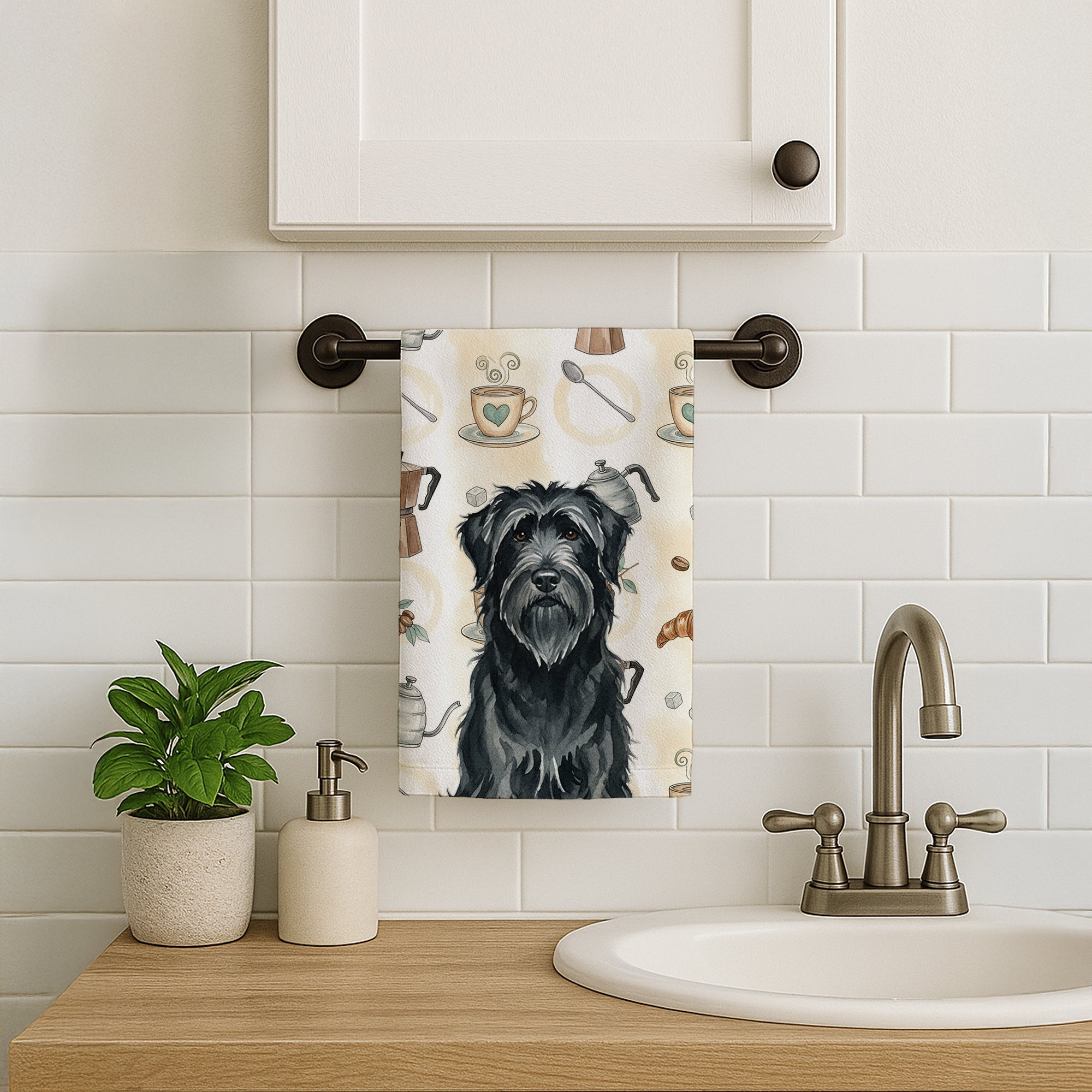 Black Briard Coffee Bar Kitchen Towel Velour Plush Front and Cotton Loop Back Machine Washable