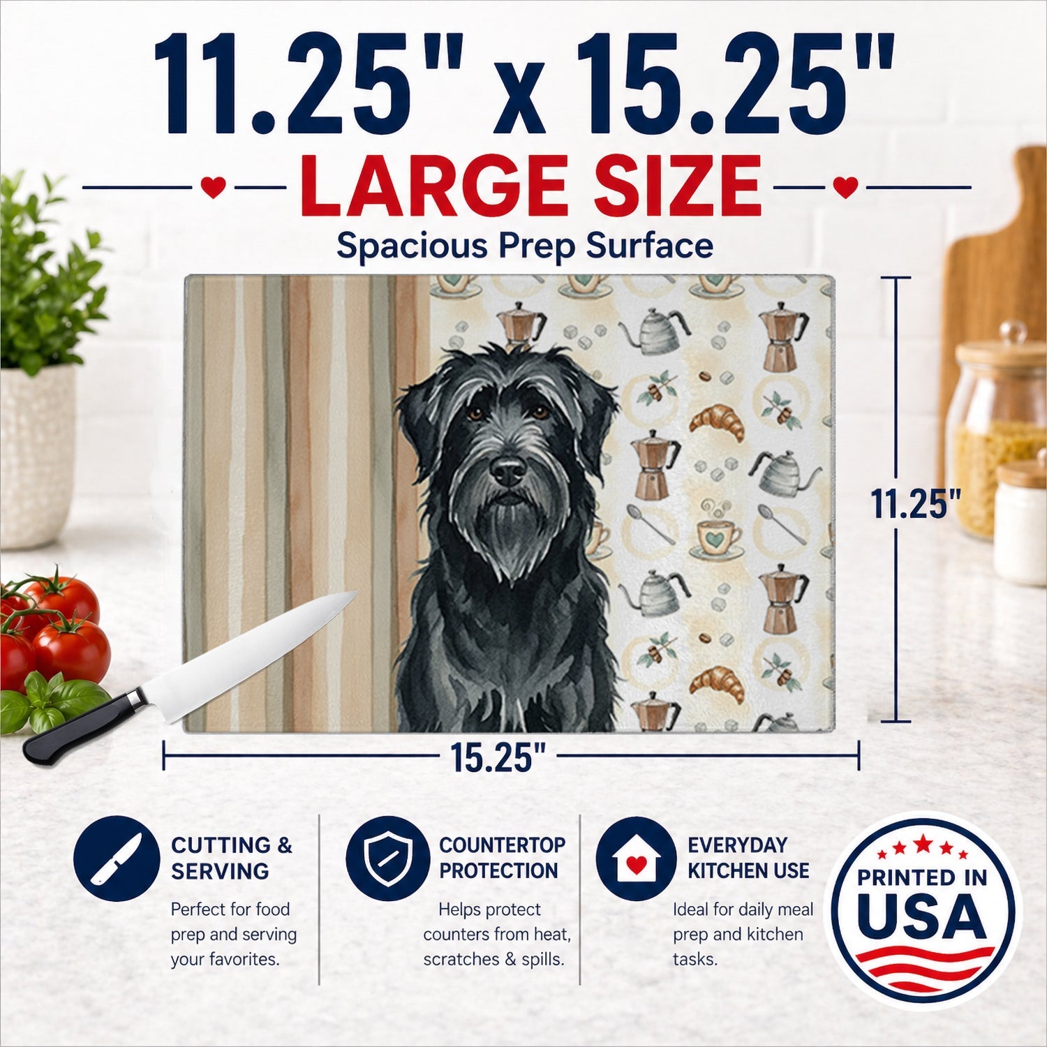 Black Briard Coffee Bar Cutting Board Tempered Glass Kitchen Cutting Surface, Heat Resistant Chopping, Non-Slip Feet, Food Prep & Serving