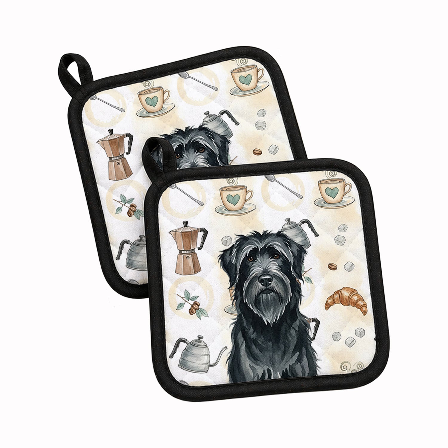 Black Briard Coffee Bar Pot Holder Set of 2 Heat Resistant Quilted Hot Pads 7.5 x 7.5 Inch, Insulated Kitchen Trivets for Cooking & Baking