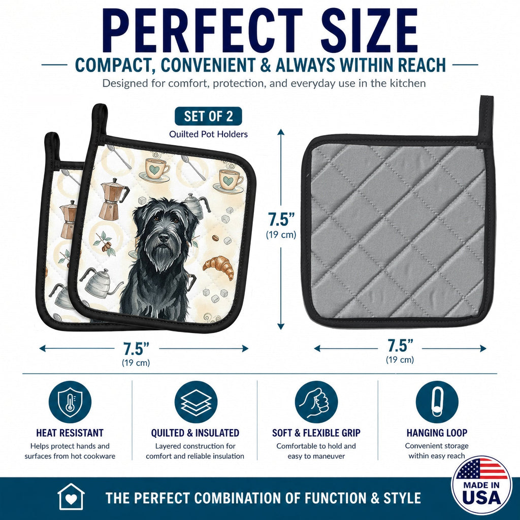 Black Briard Coffee Bar Pot Holder Set of 2 Heat Resistant Quilted Hot Pads 7.5 x 7.5 Inch, Insulated Kitchen Trivets for Cooking & Baking