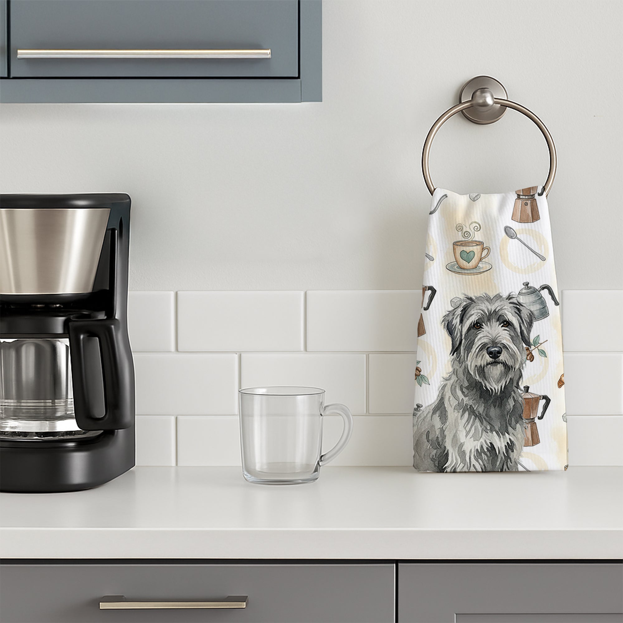 Gray Briard Coffee Bar Kitchen Towel Velour Plush Front and Cotton Loop Back Machine Washable