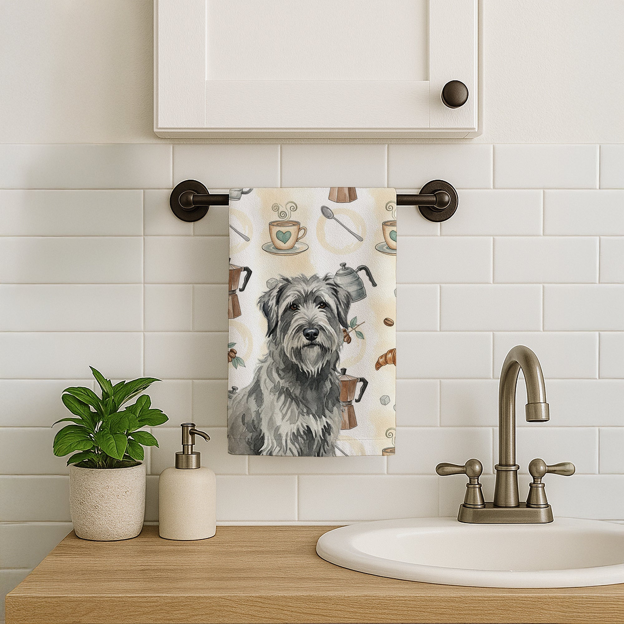 Gray Briard Coffee Bar Kitchen Towel Velour Plush Front and Cotton Loop Back Machine Washable