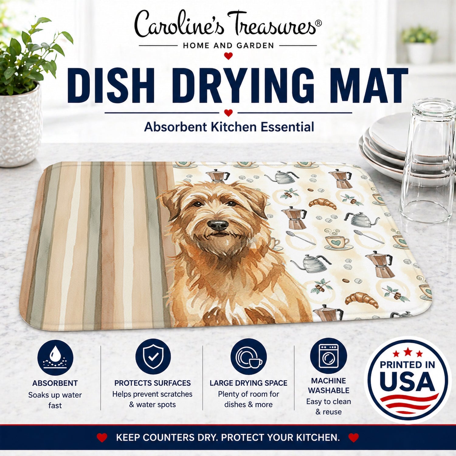 Tawny Briard Coffee Bar Dish Drying Mat Absorbent Dish Drying Mat Pad for Kitchen Counter Dish Drainer Mat for Countertop, 14 x 21", Multicolor