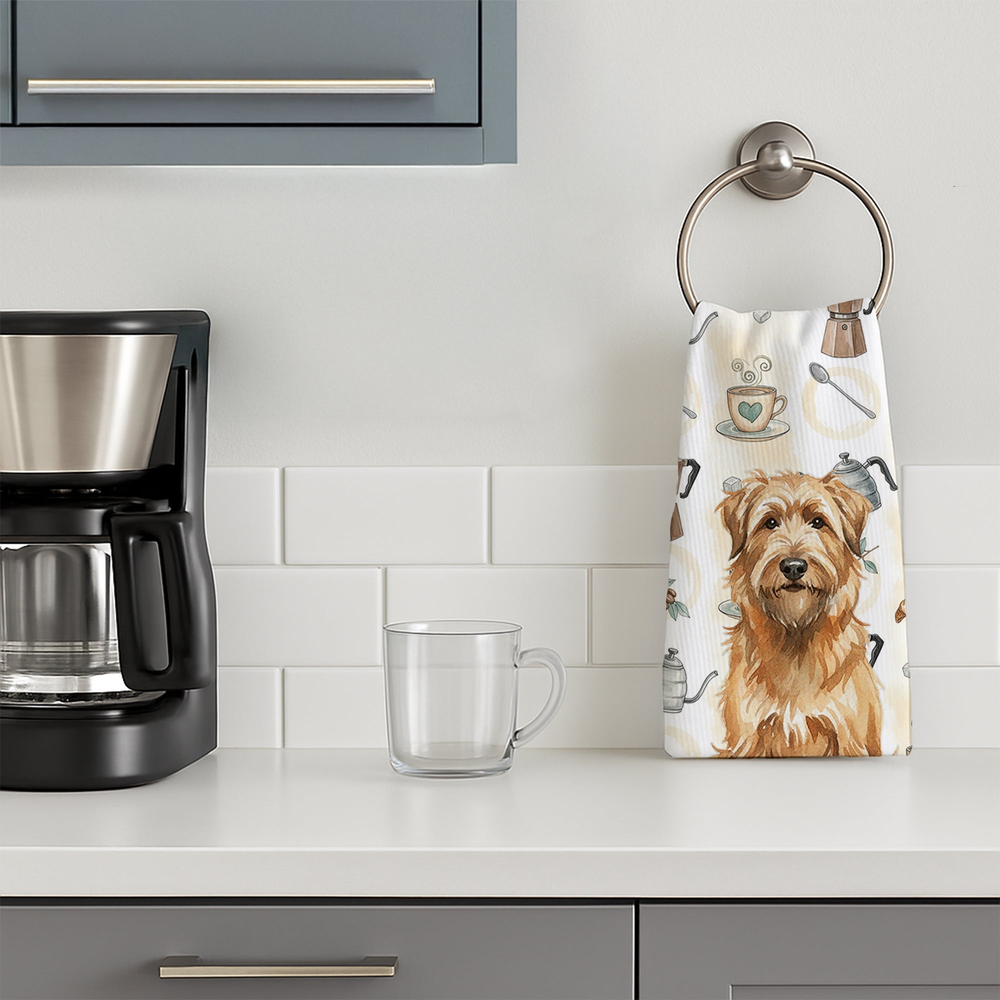 Tawny Briard Coffee Bar Kitchen Towel Velour Plush Front and Cotton Loop Back Machine Washable