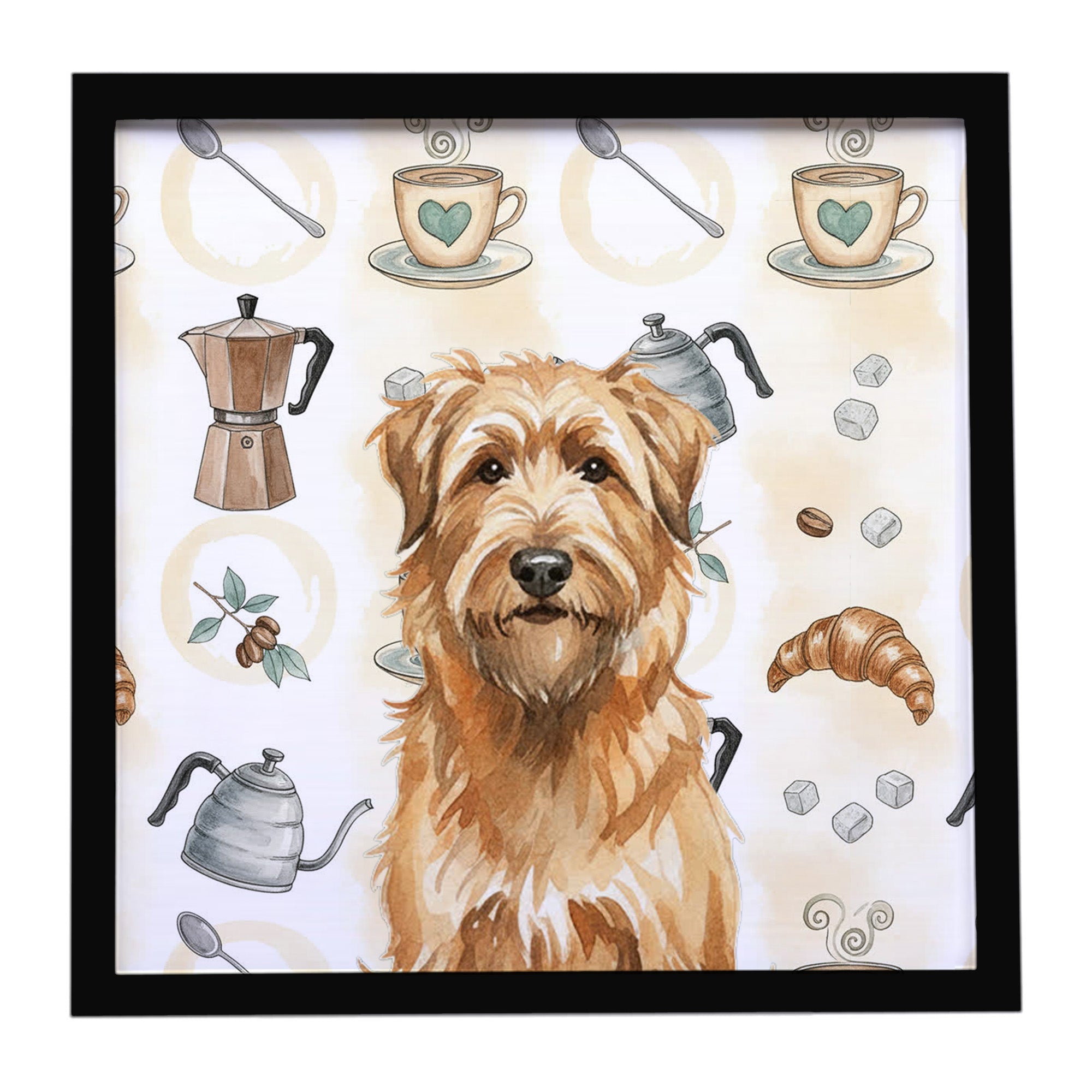 Tawny Briard Coffee Bar Framed Metal Print Bathroom, Kitchen, Office, Home Decor Wall Art Ready to Hang, Square, 8X8