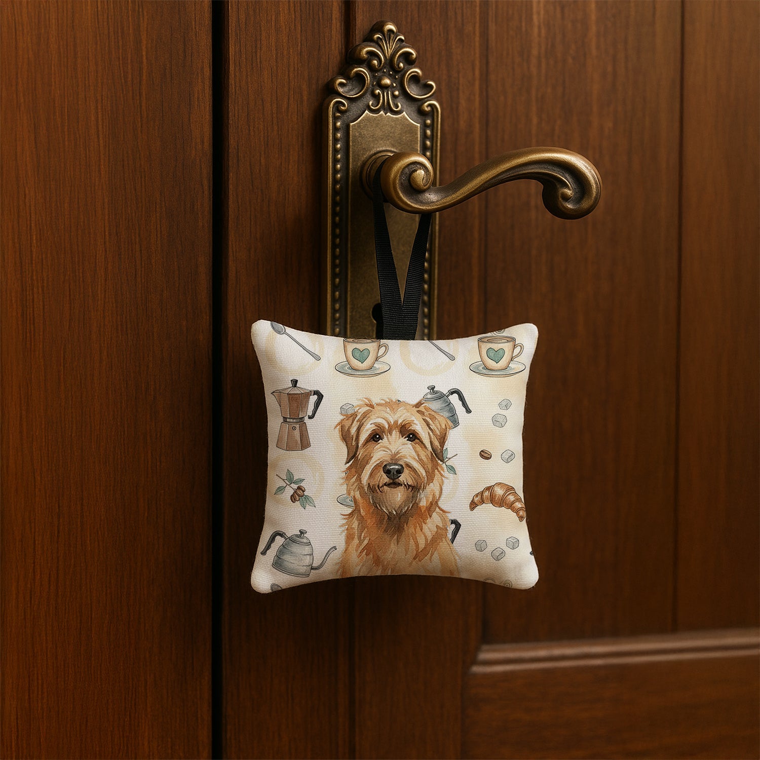 Tawny Briard Coffee Bar Hanging Square Fabric Ornament 3.5 � 3.5 Decorative Door-Knob & Tree Hanger, Soft Fabric