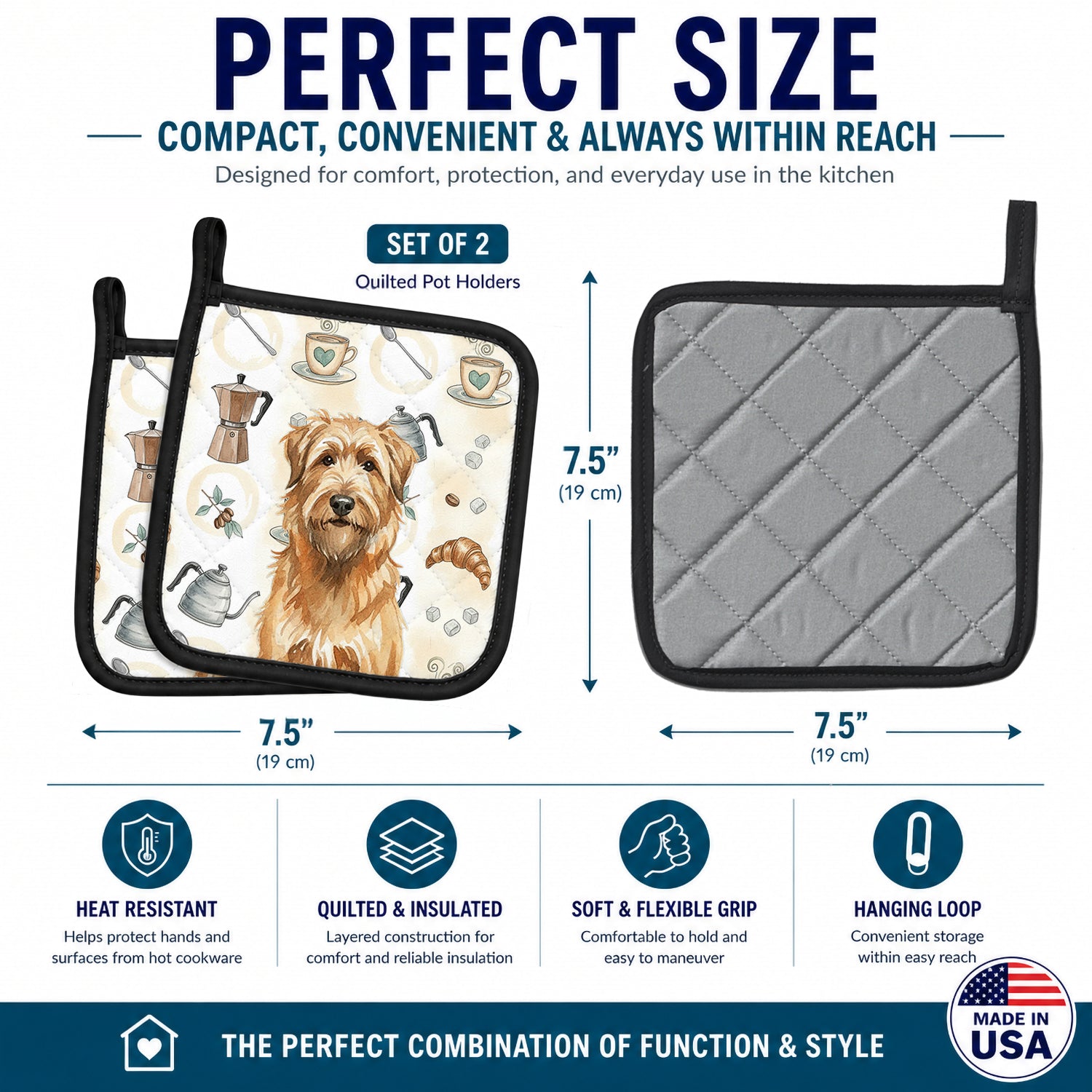 Tawny Briard Coffee Bar Pot Holder Set of 2 Heat Resistant Quilted Hot Pads 7.5 x 7.5 Inch, Insulated Kitchen Trivets for Cooking & Baking