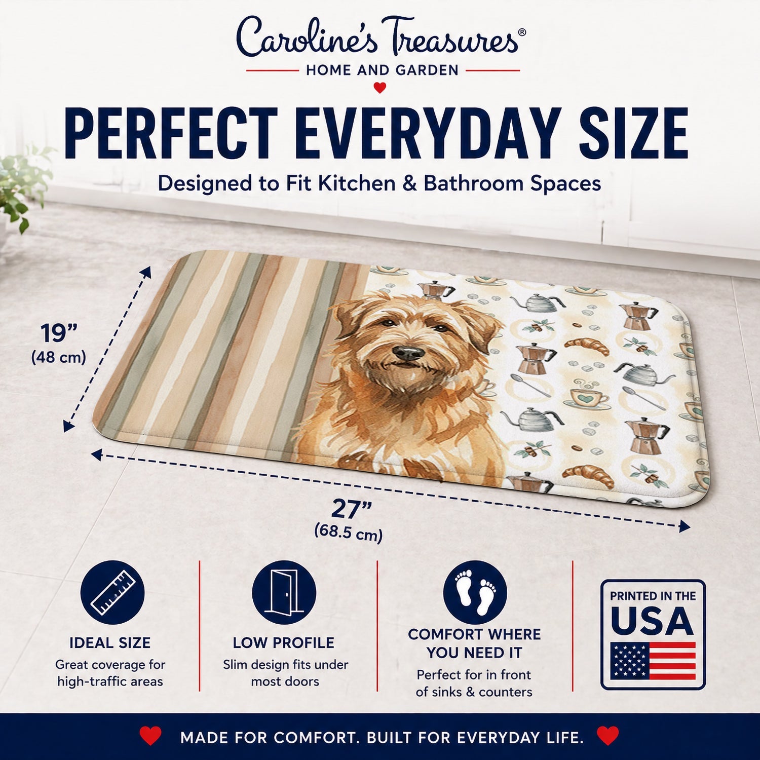 Tawny Briard Coffee Bar Memory Foam Kitchen Mat Machine Washable Anti-Fatigue Cushion Comfort Bath or Kitchen Rug