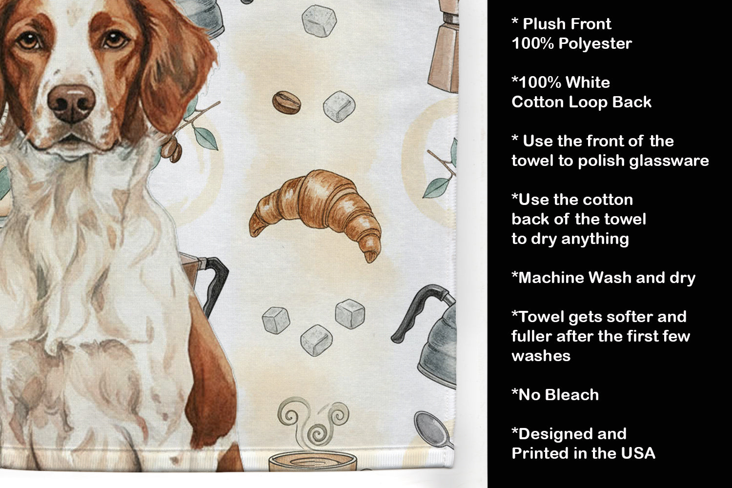 Liver and White Brittany Coffee Bar Kitchen Towel Velour Plush Front and Cotton Loop Back Machine Washable