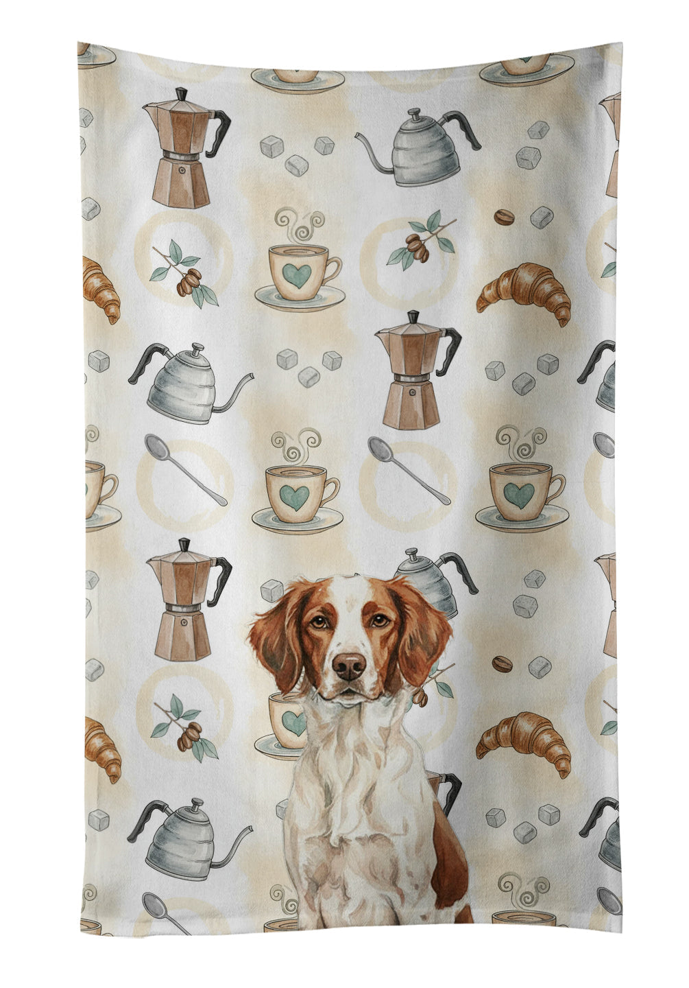 Liver and White Brittany Coffee Bar Kitchen Towel Velour Plush Front and Cotton Loop Back Machine Washable