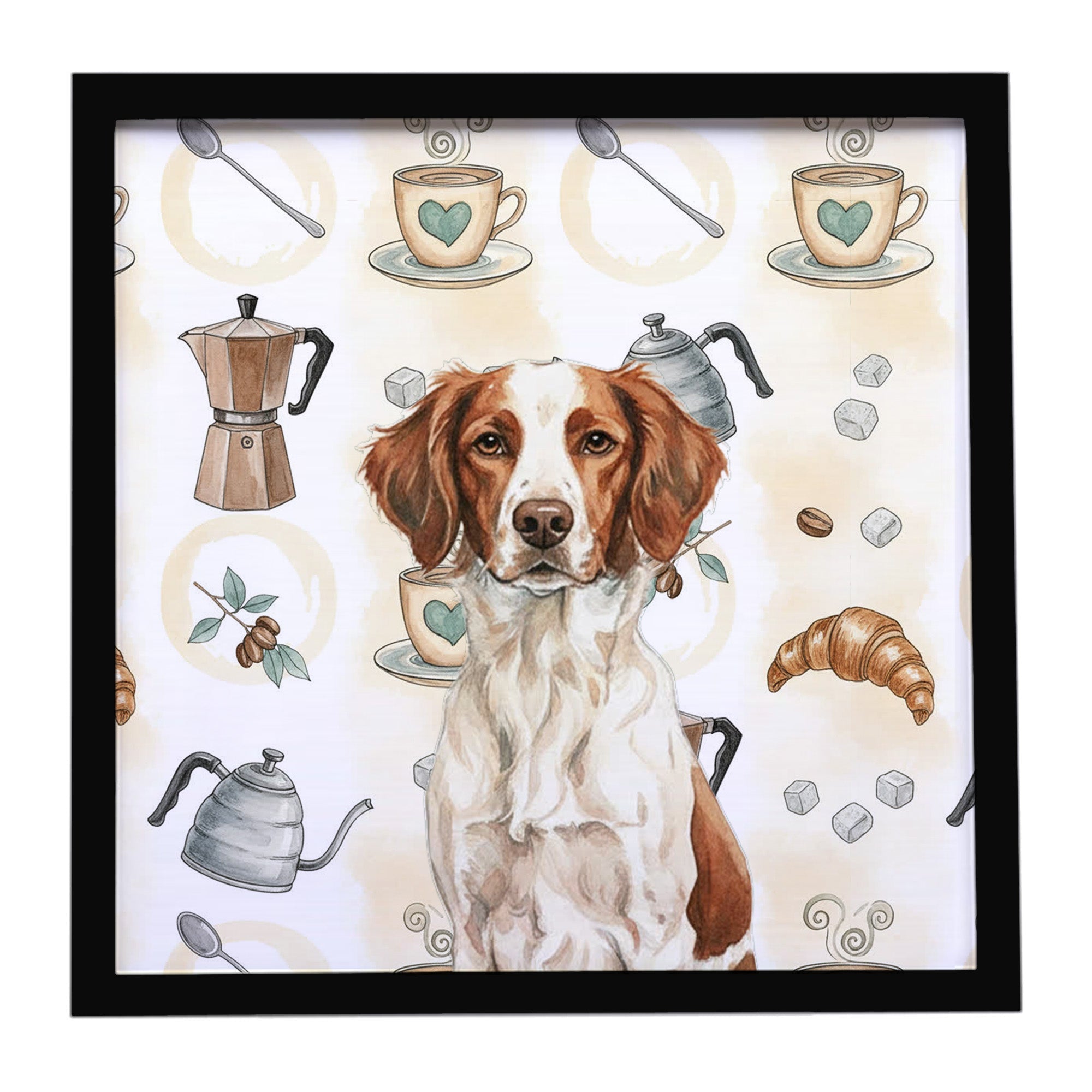 Liver and White Brittany Coffee Bar Framed Metal Print Bathroom, Kitchen, Office, Home Decor Wall Art Ready to Hang, Square, 8X8