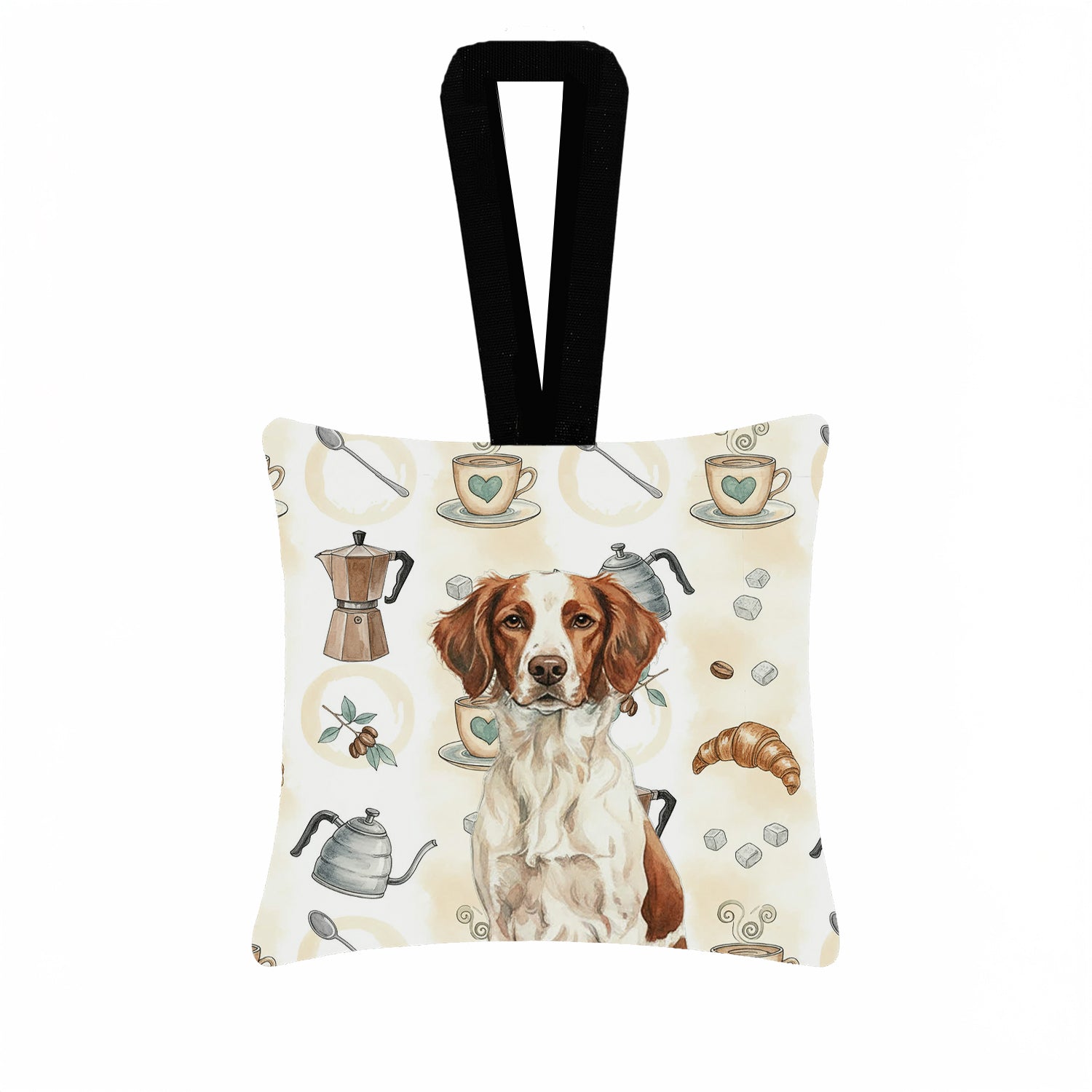 Liver and White Brittany Coffee Bar Hanging Square Fabric Ornament 3.5 � 3.5 Decorative Door-Knob & Tree Hanger, Soft Fabric