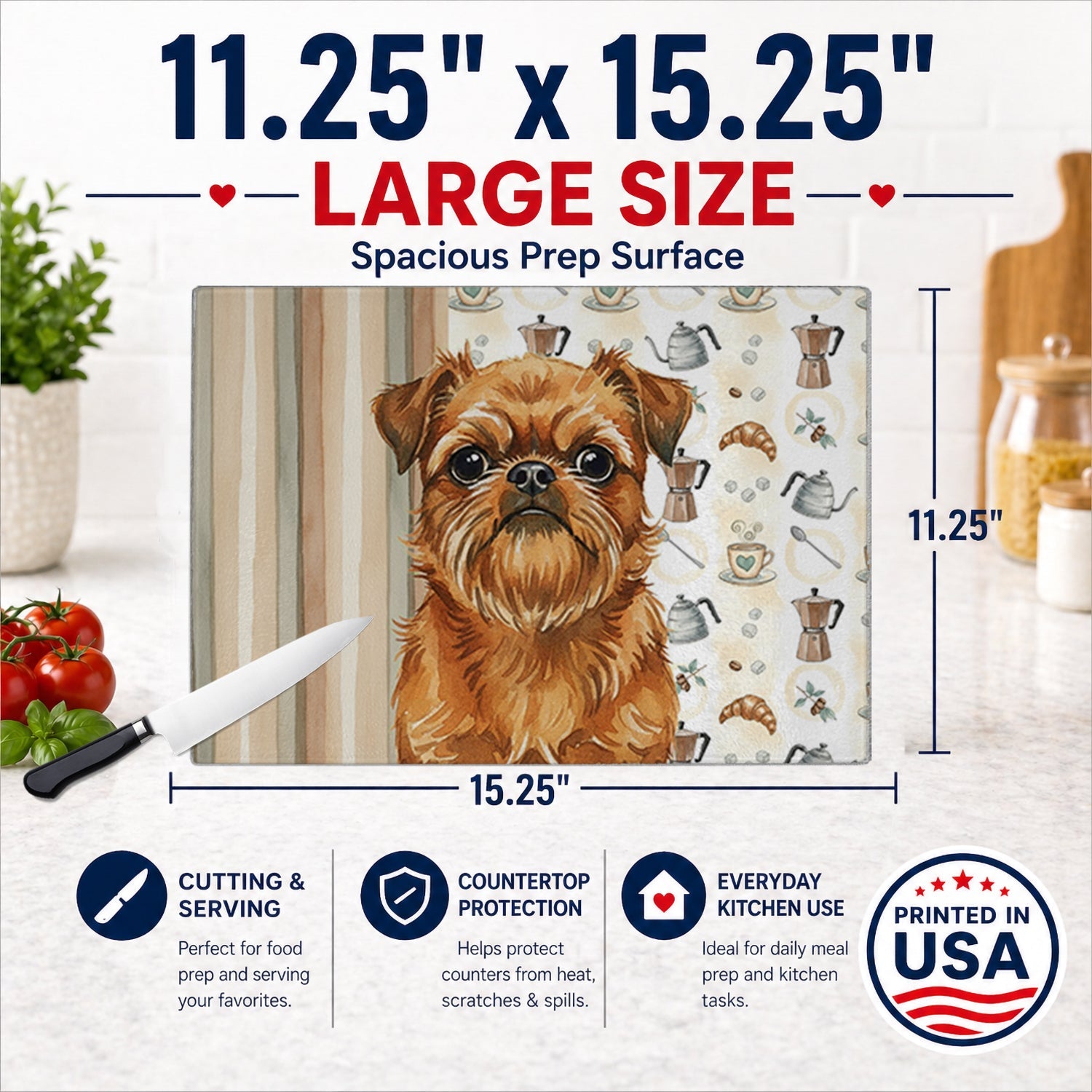 Belge Brussels Griffon Coffee Bar Cutting Board Tempered Glass Kitchen Cutting Surface, Heat Resistant Chopping, Non-Slip Feet, Food Prep & Serving