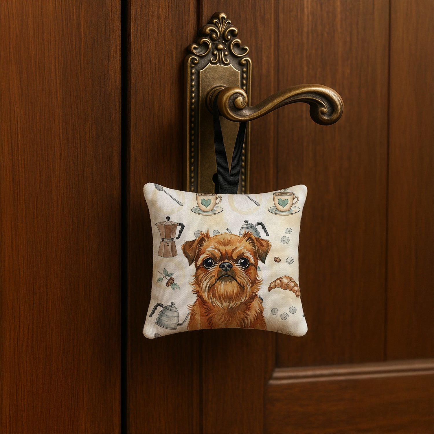 Belge Brussels Griffon Coffee Bar Hanging Square Fabric Ornament 3.5 � 3.5 Decorative Door-Knob & Tree Hanger, Soft Fabric